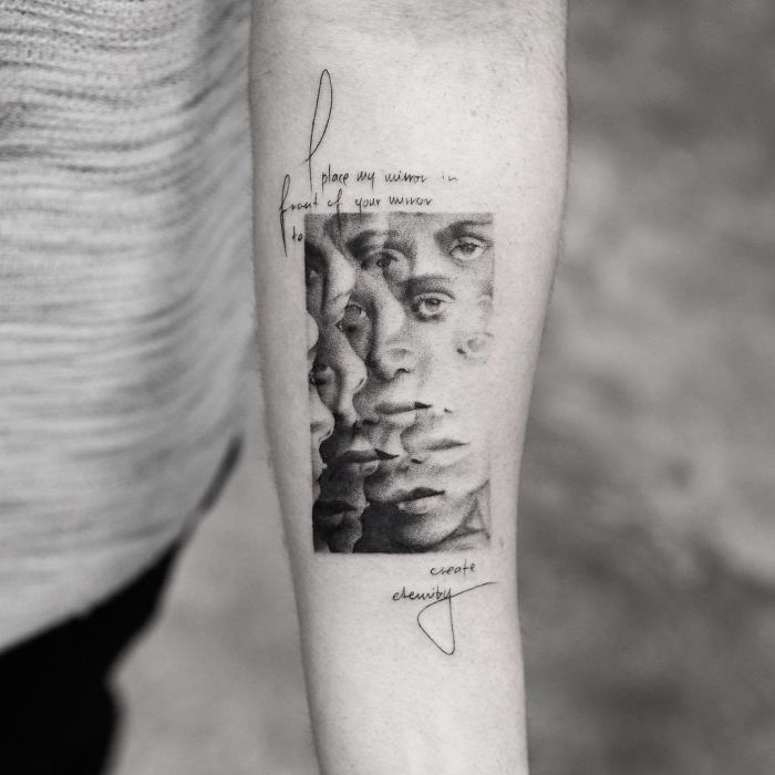 A forearm displays a unique tattoo with layered faces and text, part of a motion tattoo project by the artist. A forearm displays a unique tattoo with layered faces and text, part of a motion tattoo project by the artist.