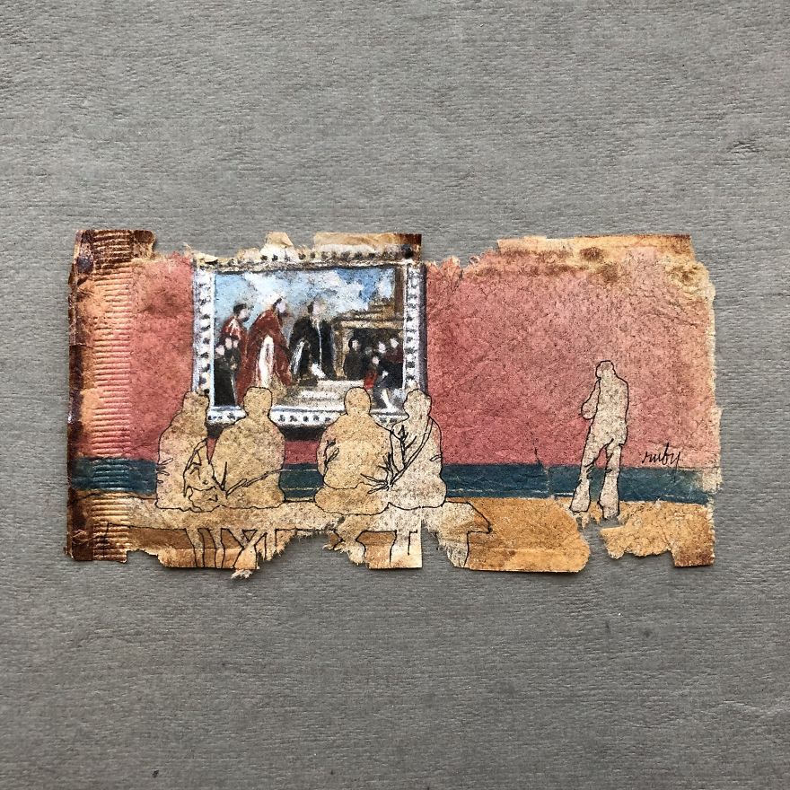 Museum Goers: Miniature Paintings On Used Tea Bags