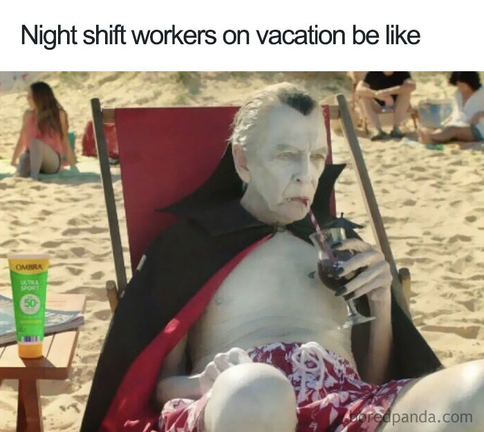 Vampire lounging on beach, resembling night-shift worker humor from nurse memes.