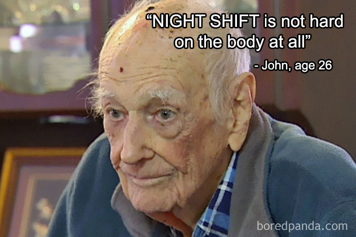 Elderly man with text on the image humorously claiming night shifts are easy, related to nurse meme humor.