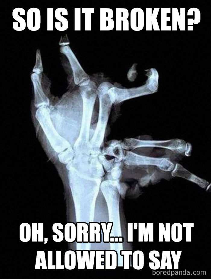 X-ray of a hand with witty nurse meme text about diagnosis restrictions.