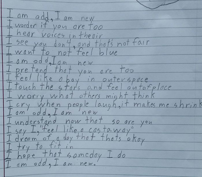 Autistic Boy Writes Moving Poem About How Odd He Is For A School Assignment, Leaves Teacher In Tears Autistic Boy Writes Moving Poem About How Odd He Is For A School Assignment, Leaves Teacher In Tears
