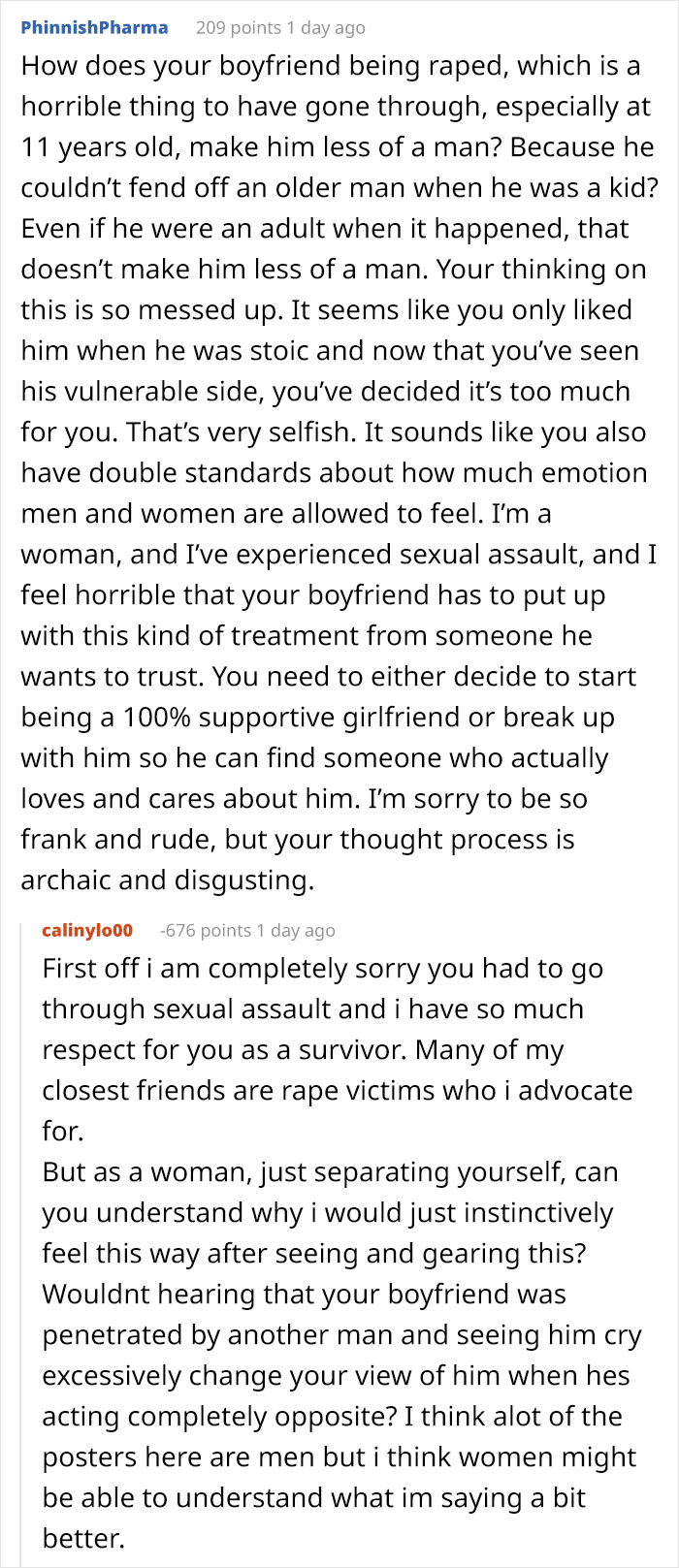 Girlfriend Asks If She's Wrong To Leave Boyfriend After Learning That He Was Raped, Gets Destroyed With Responses Girlfriend Asks If She's Wrong To Leave Boyfriend After Learning That He Was Raped, Gets Destroyed With Responses