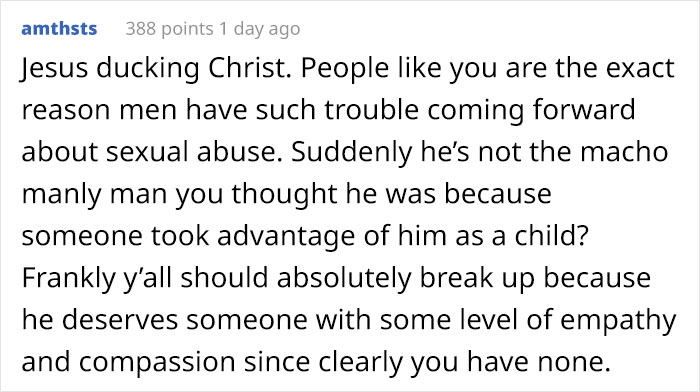 Girlfriend Asks If She's Wrong To Leave Boyfriend After Learning That He Was Raped, Gets Destroyed With Responses Girlfriend Asks If She's Wrong To Leave Boyfriend After Learning That He Was Raped, Gets Destroyed With Responses