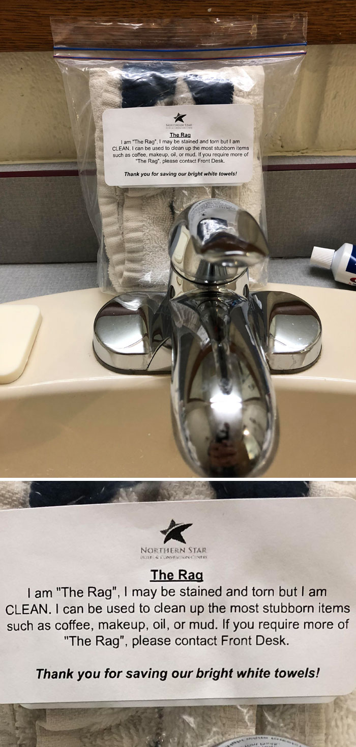 This Bag Of Old/Stained Face Towels Have Been Re-Used As “Rags” At This Hotel