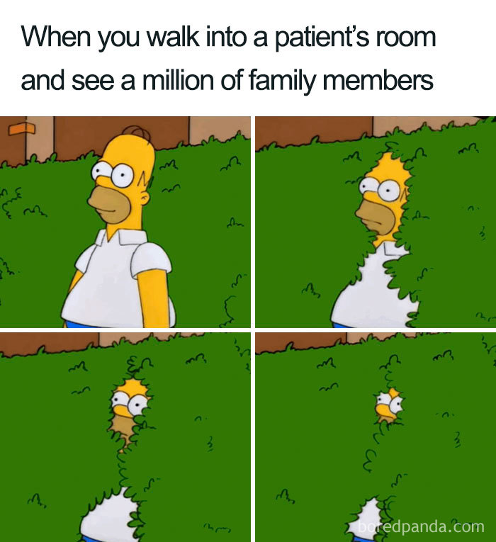 Homer Simpson meme about nurses walking into a room full of family members.