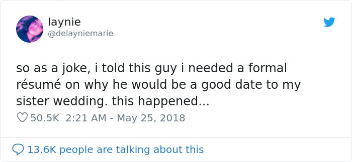 Girl Asks Guy For A Formal Resume To Go To A Wedding With Her As A Joke, He Delivers Girl Asks Guy For A Formal Resume To Go To A Wedding With Her As A Joke, He Delivers