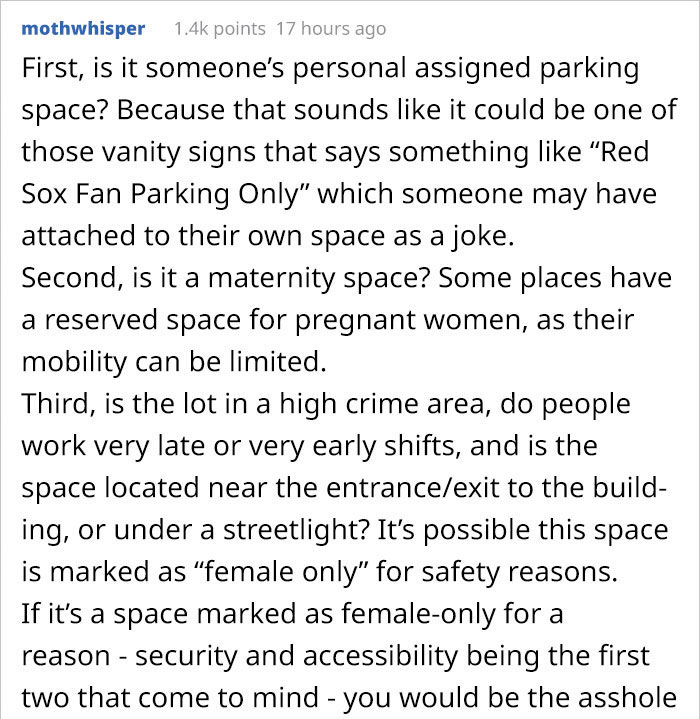People Are Explaining Why "Female Only" Parking Spaces Exist After This Guy Points Out It's Not Equal People Are Explaining Why "Female Only" Parking Spaces Exist After This Guy Points Out It's Not Equal