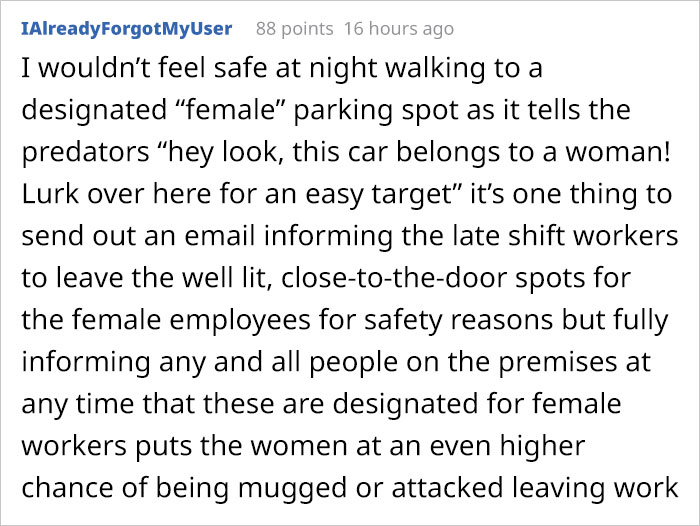 People Are Explaining Why "Female Only" Parking Spaces Exist After This Guy Points Out It's Not Equal
