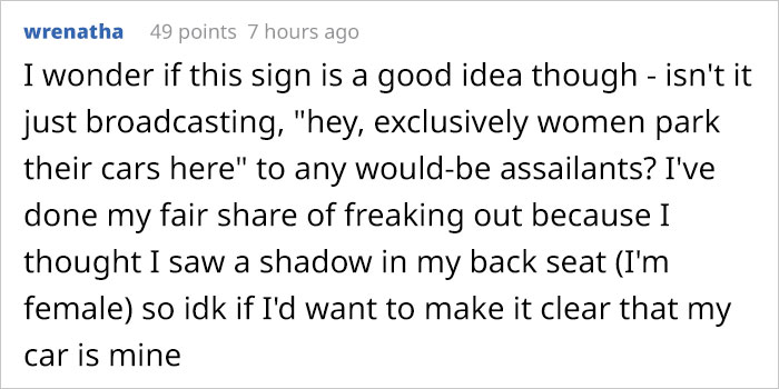 People Are Explaining Why "Female Only" Parking Spaces Exist After This Guy Points Out It's Not Equal People Are Explaining Why "Female Only" Parking Spaces Exist After This Guy Points Out It's Not Equal