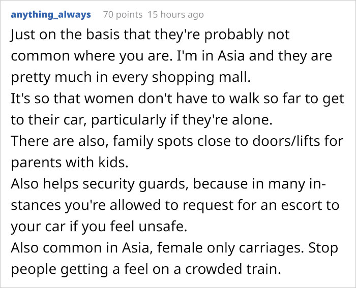People Are Explaining Why "Female Only" Parking Spaces Exist After This Guy Points Out It's Not Equal People Are Explaining Why "Female Only" Parking Spaces Exist After This Guy Points Out It's Not Equal