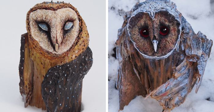 I Use Wood And Clay To Create Realistic Owl Sculptures