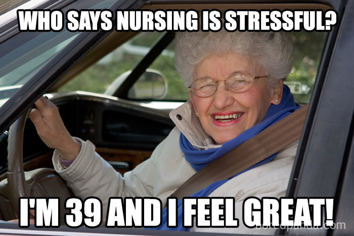 Elderly woman in a car humorously claiming nursing isn't stressful.