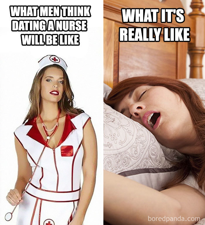 Two-panel nurse meme comparing expectations and reality with humorous contrast.