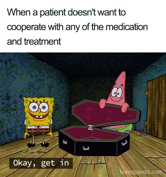 SpongeBob meme about patient cooperation, featuring Patrick with an open box.