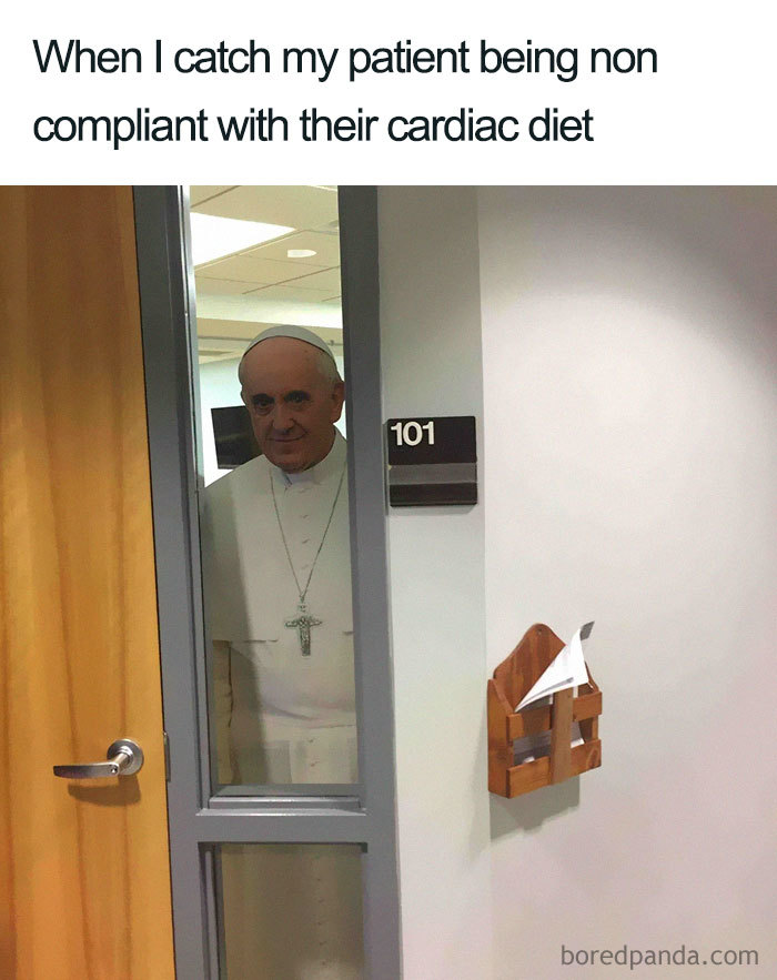 Nurse meme featuring a person looking through a door window, captioned about patient's non-compliance with a cardiac diet.