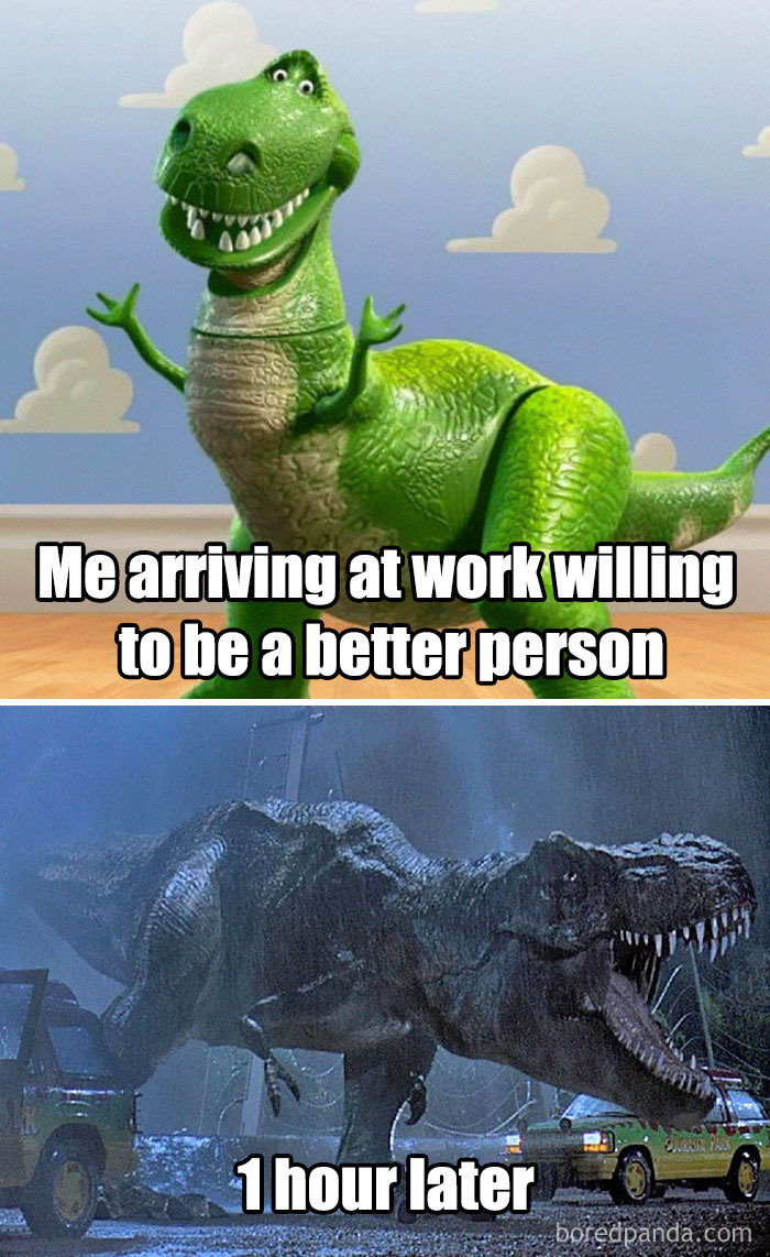 A playful nurse meme depicting workday transformation from cheerful to intense using dinosaur images.