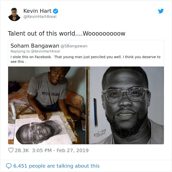 Talented Young Artist Draws Incredibly Realistic Portrait Of Kevin Hart, Can't Believe He Actually Responds On Twitter