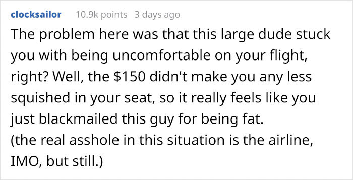 Guy Asks If He's Wrong To Make Obese Man Pay Him $150 For Taking Up Part Of His Seat On A 5-Hour Flight Guy Asks If He's Wrong To Make Obese Man Pay Him $150 For Taking Up Part Of His Seat On A 5-Hour Flight