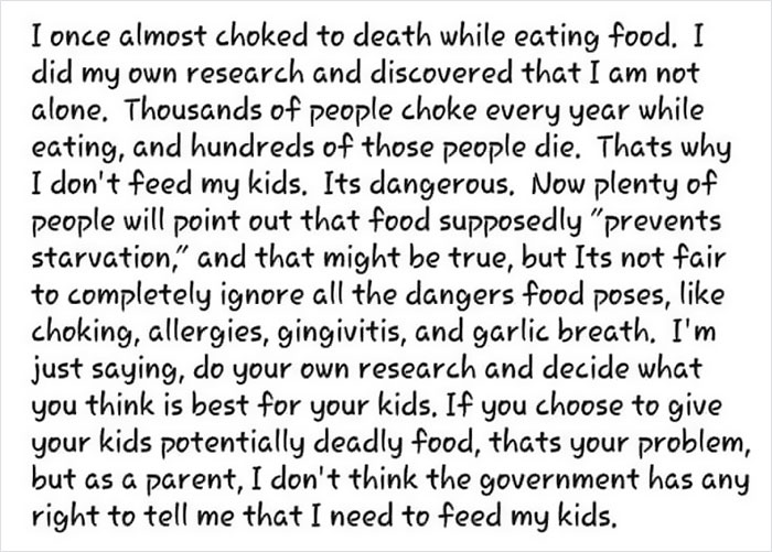 This Person Shows How Flawed Anti-Vaxxer Logic Is By Using It In A Post About Choking On Food This Person Shows How Flawed Anti-Vaxxer Logic Is By Using It In A Post About Choking On Food