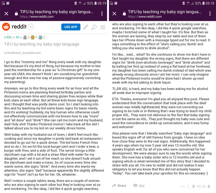 'She’s Calling You ‘Dumb’ And Telling You She Wants To Drink Alcohol': Mom Hilariously Fails At Teaching Her Baby Sign Language 'She’s Calling You ‘Dumb’ And Telling You She Wants To Drink Alcohol': Mom Hilariously Fails At Teaching Her Baby Sign Language