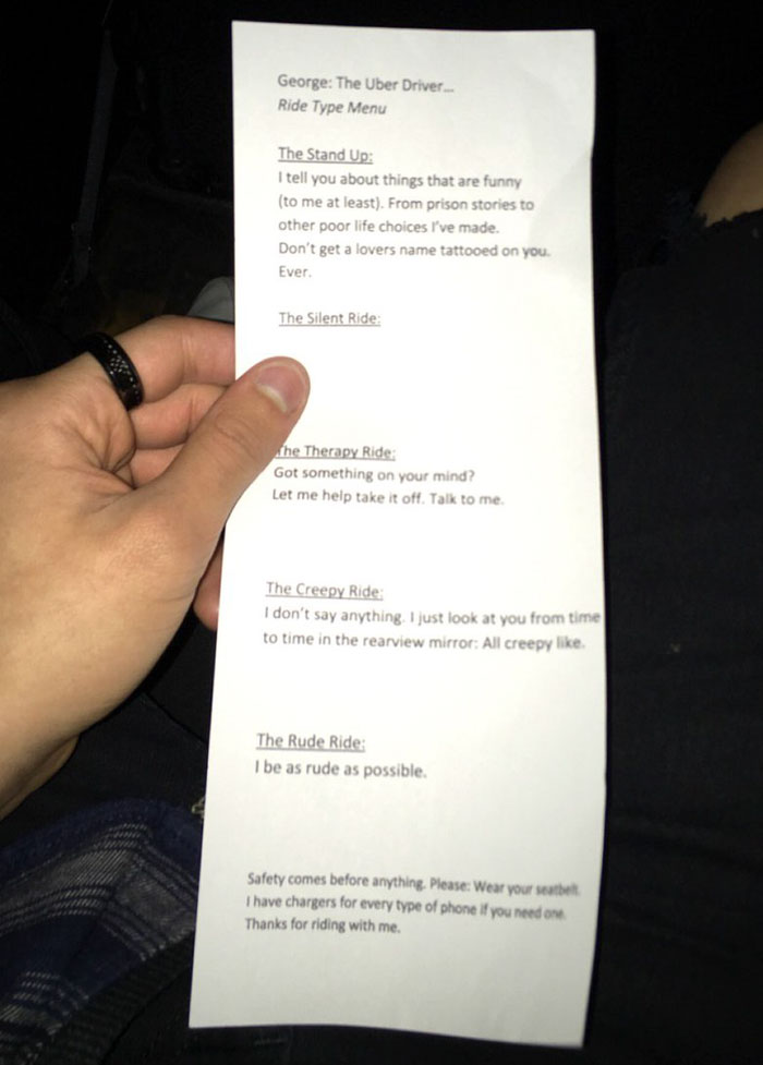 This Uber Driver Gives Passengers A Menu Of 5 Ride Types They Can Choose From This Uber Driver Gives Passengers A Menu Of 5 Ride Types They Can Choose From