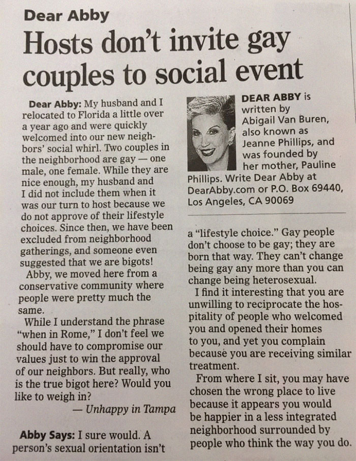 Homophobic Couple Ask “Dear Abby” For Advice On Gay Neighbors, Get A Lesson On Bigotry Instead Homophobic Couple Ask “Dear Abby” For Advice On Gay Neighbors, Get A Lesson On Bigotry Instead