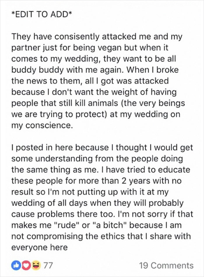 Instead Of Serving Vegan Food At Their Wedding Party, This Couple Banned Meat-Eating Friends And Family From Attending It Instead Of Serving Vegan Food At Their Wedding Party, This Couple Banned Meat-Eating Friends And Family From Attending It