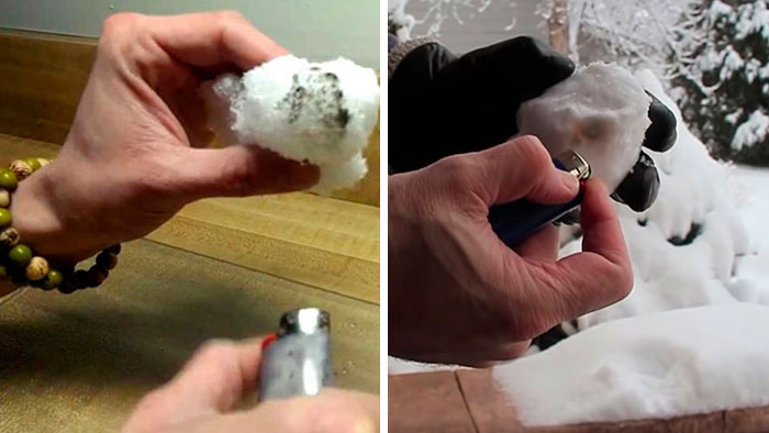 Hands holding snow and lighting it on fire indoors and outdoors, illustrating unusual conspiracy theories about burning snow.