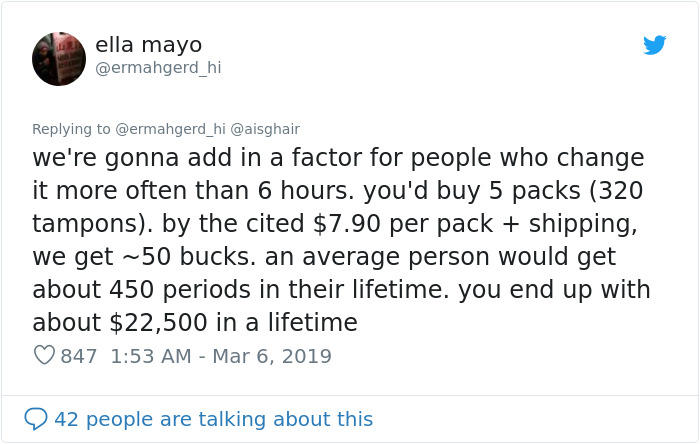 Man Tells Women To Stop Whining About Tampon Prices Cause They Only Need 7 Per Period, Gets Roasted Immediately Man Tells Women To Stop Whining About Tampon Prices Cause They Only Need 7 Per Period, Gets Roasted Immediately