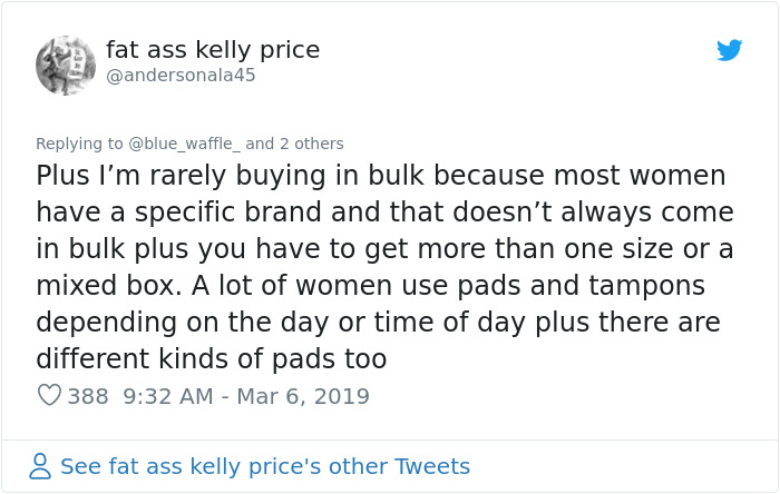 Man Tells Women To Stop Whining About Tampon Prices Cause They Only Need 7 Per Period, Gets Roasted Immediately Man Tells Women To Stop Whining About Tampon Prices Cause They Only Need 7 Per Period, Gets Roasted Immediately