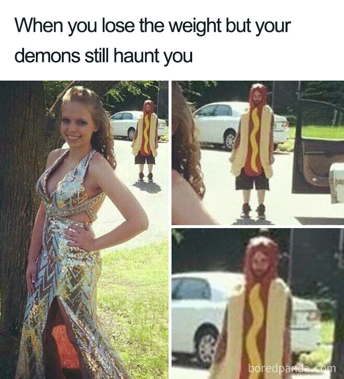Woman in a dress smiles while her past self in a hot dog costume lurks behind, illustrating a weight loss meme.