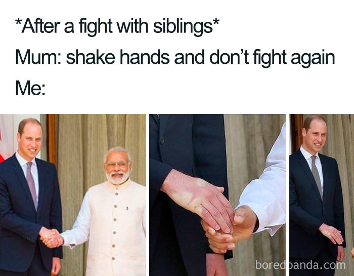 Two people awkwardly shaking hands, humorously representing sibling conflicts resolved by parents.