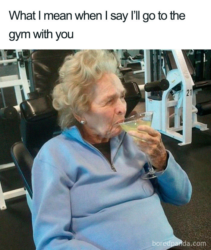 Elderly woman in exercise equipment area sipping a cocktail, exemplifying funny weight loss and diet meme humor.
