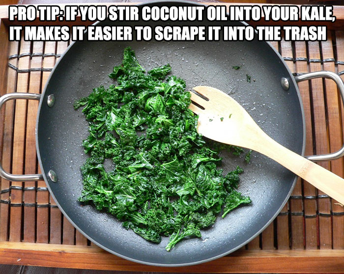 Kale in a frying pan with a humorous diet meme about coconut oil and disposing of the dish.