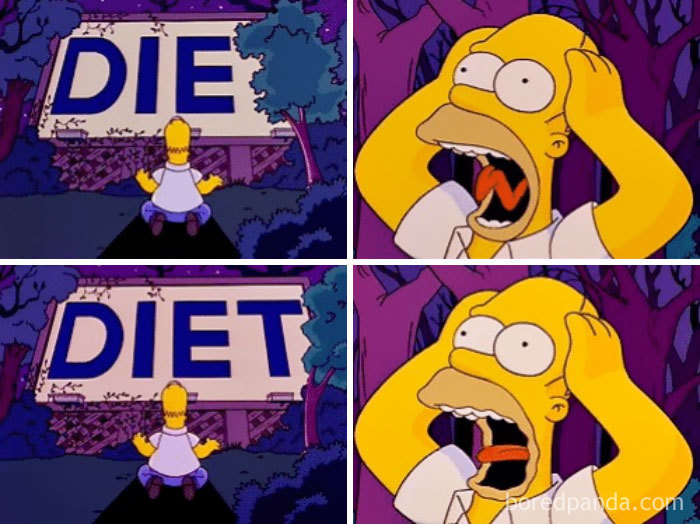 Cartoon character reacting humorously to a billboard changing from "Die" to "Diet," highlighting weight loss humor.