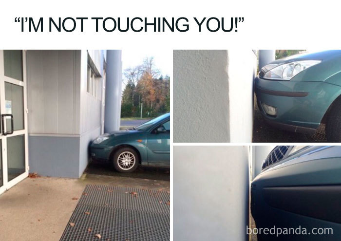 Car parked extremely close to a wall, mimicking sibling memes with "I'm not touching you!" text.