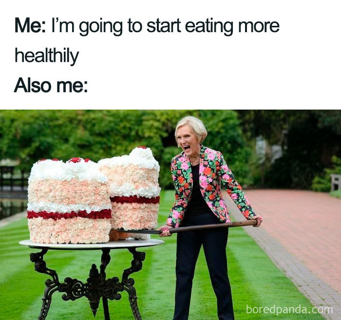 A woman humorously chops a giant cake outdoors, embodying a diet meme.