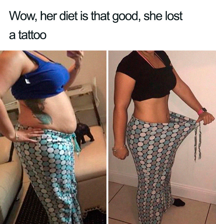 Before and after weight loss meme showing dramatic change with loose pants.