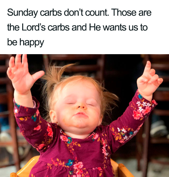 Baby with arms raised and eyes closed, humorously embracing Sunday carbs, a funny weight loss and diet meme.