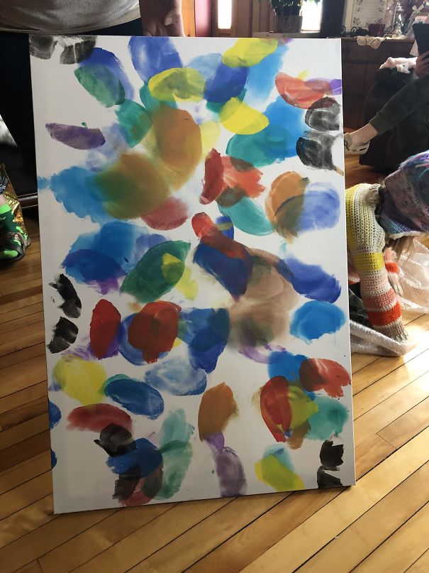 I Asked For Art For My New Apartment This Christmas. May I Present “Butterflies”, A Painting From My Nieces Made Entirely With Their Butt Cheeks. Lovely