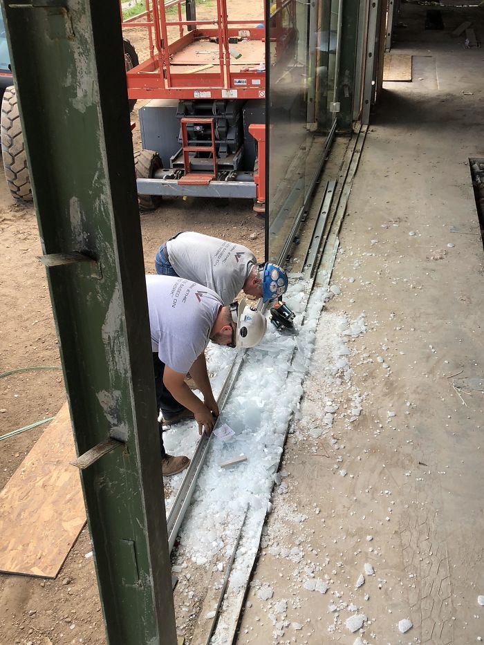 When You’re Trying To Put A 600 Pound Piece Of Tempered Glass In And You Hit A Tiny Piece Of Metal On The Corner. (Sounds Like A Gun Shot When It Explodes)