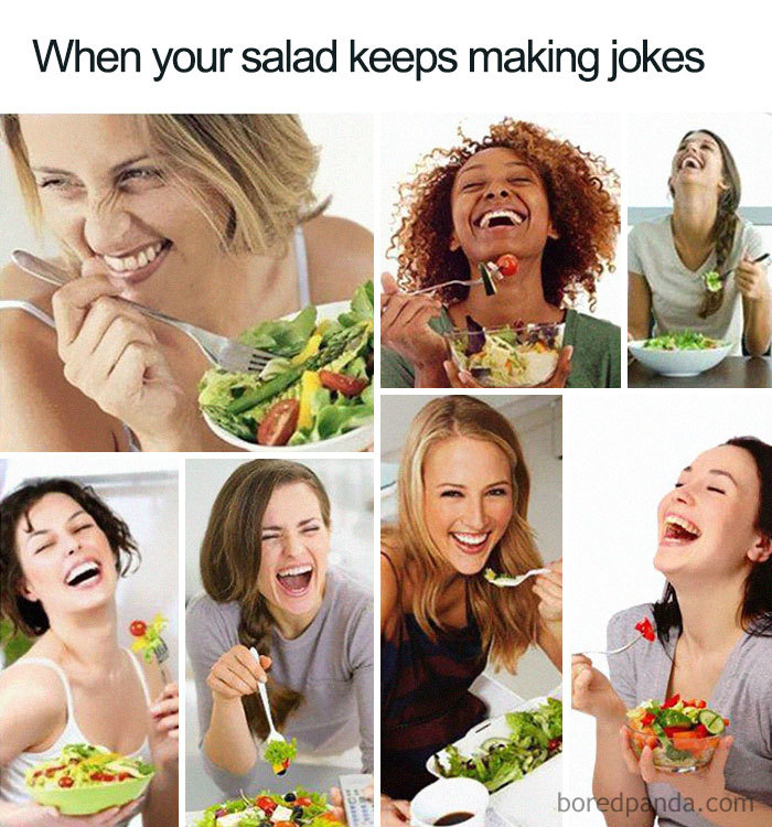 Women laughing while eating salad, highlighting a funny diet meme.