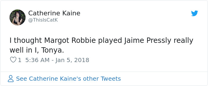 Tweet humorously noting similarity between Margot Robbie and Jaime Pressly, mentioning the film "I, Tonya". Tweet humorously noting similarity between Margot Robbie and Jaime Pressly, mentioning the film "I, Tonya".