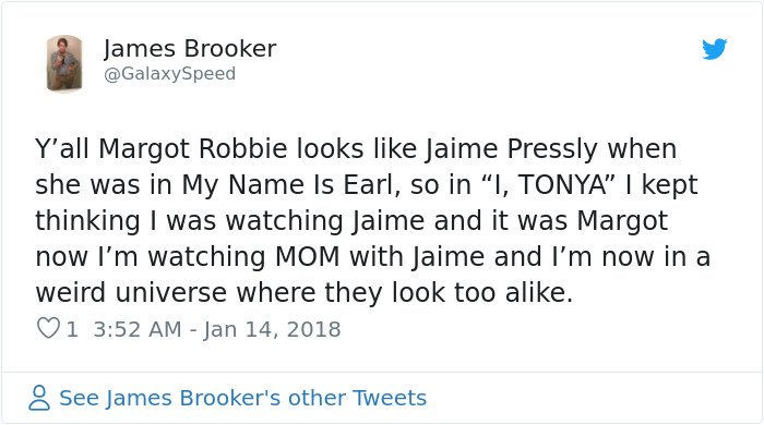 Tweet discussing the resemblance between Margot Robbie and Jaime Pressly, causing fan confusion. Tweet discussing the resemblance between Margot Robbie and Jaime Pressly, causing fan confusion.