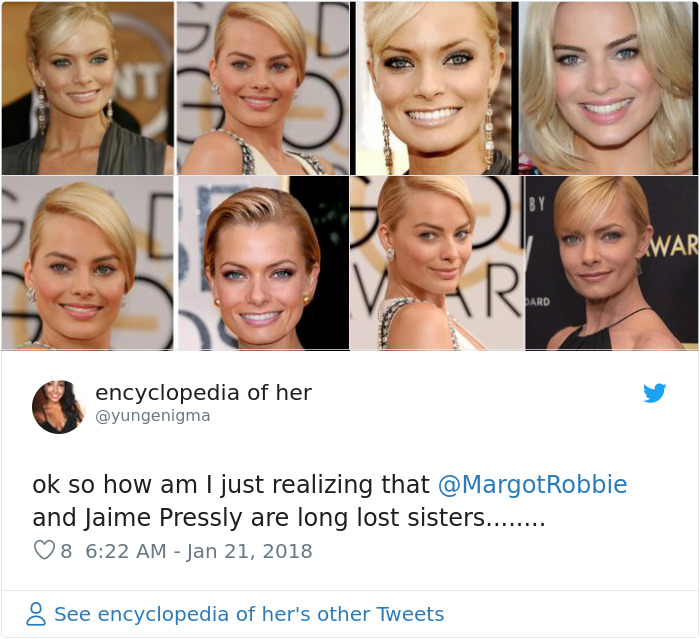 Collage of Margot Robbie and Jaime Pressly highlighting their similar appearances, shocking fans on social media. Collage of Margot Robbie and Jaime Pressly highlighting their similar appearances, shocking fans on social media.