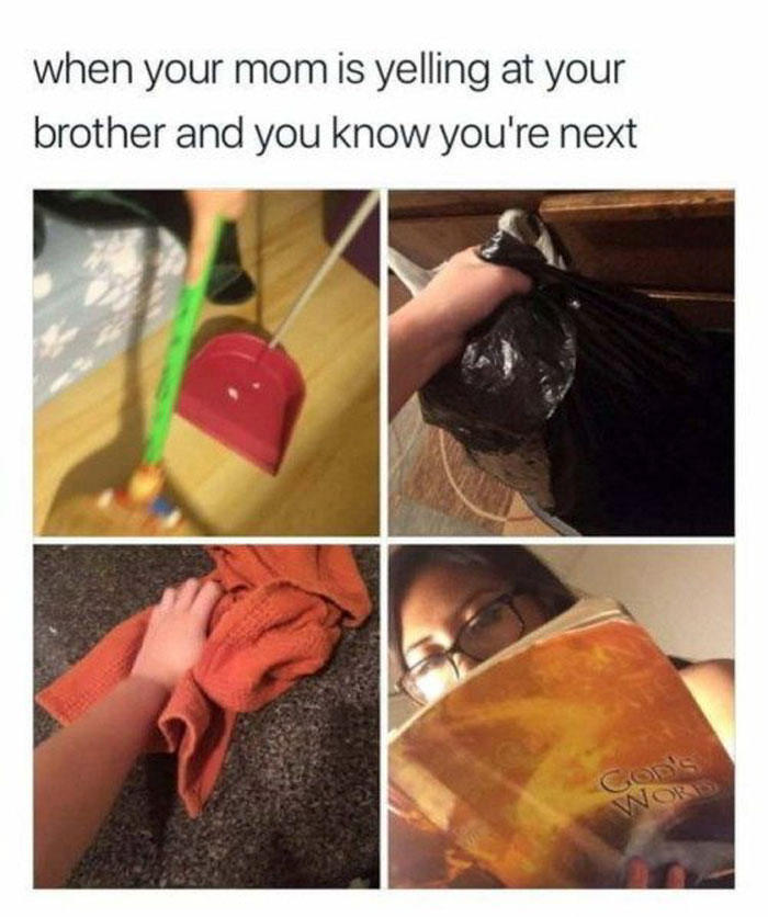 Funny sibling meme showing chores and hiding with a book as mom yells at brother.