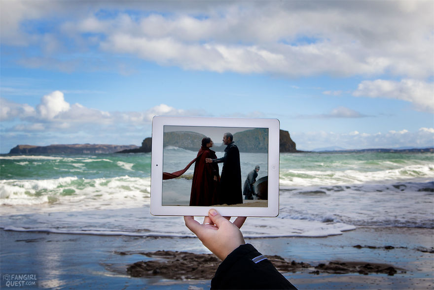 The Red Woman (Carice Van Houten) Talks With Stannis Baratheon (Stephen Dillane) On Game Of Thrones Location Near Ballintoy Harbour, Northern Ireland