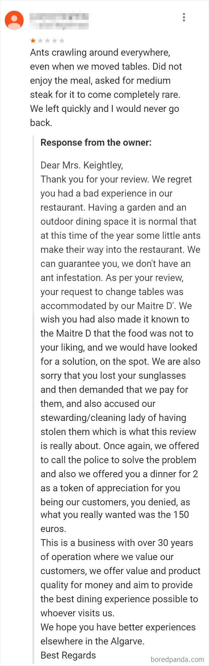 Restaurant Owner Burns Reviewer