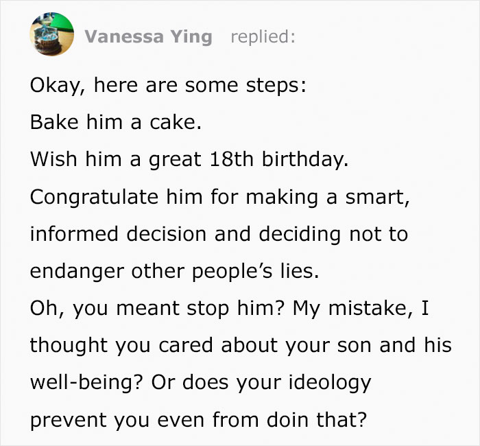 Anti-Vaxx Mom Asks How To Stop Her Son From Getting Vaccines When He Turns 18, Gets Shut Down In The Comments Anti-Vaxx Mom Asks How To Stop Her Son From Getting Vaccines When He Turns 18, Gets Shut Down In The Comments